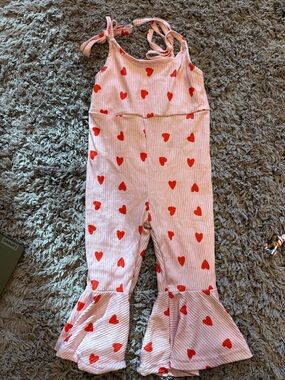 Kids Pink Heart-Print Ruffled Jumpsuit